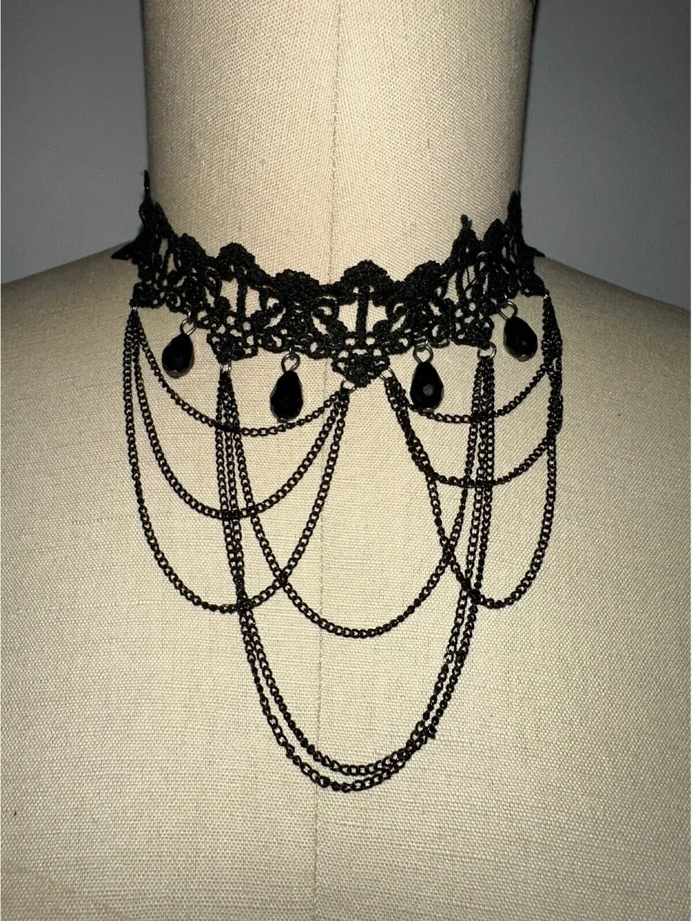 Black Lace Goth Y2K Choker Necklace Chain Dangle Statement
